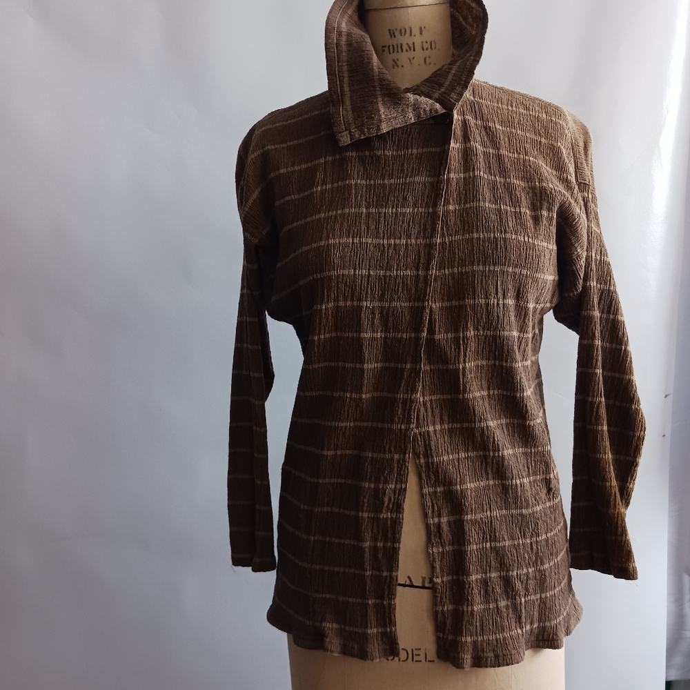 Vintage 1980s Cathy Hardwick Brown Cotton/ Linen Blend Striped One-button Shirt